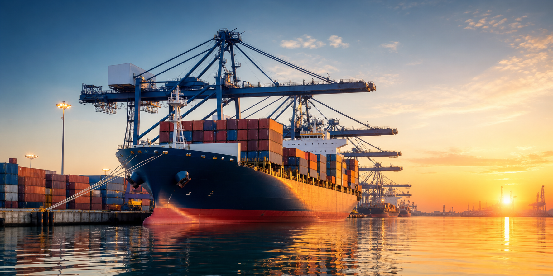 Container ship and port cranes at sunrise